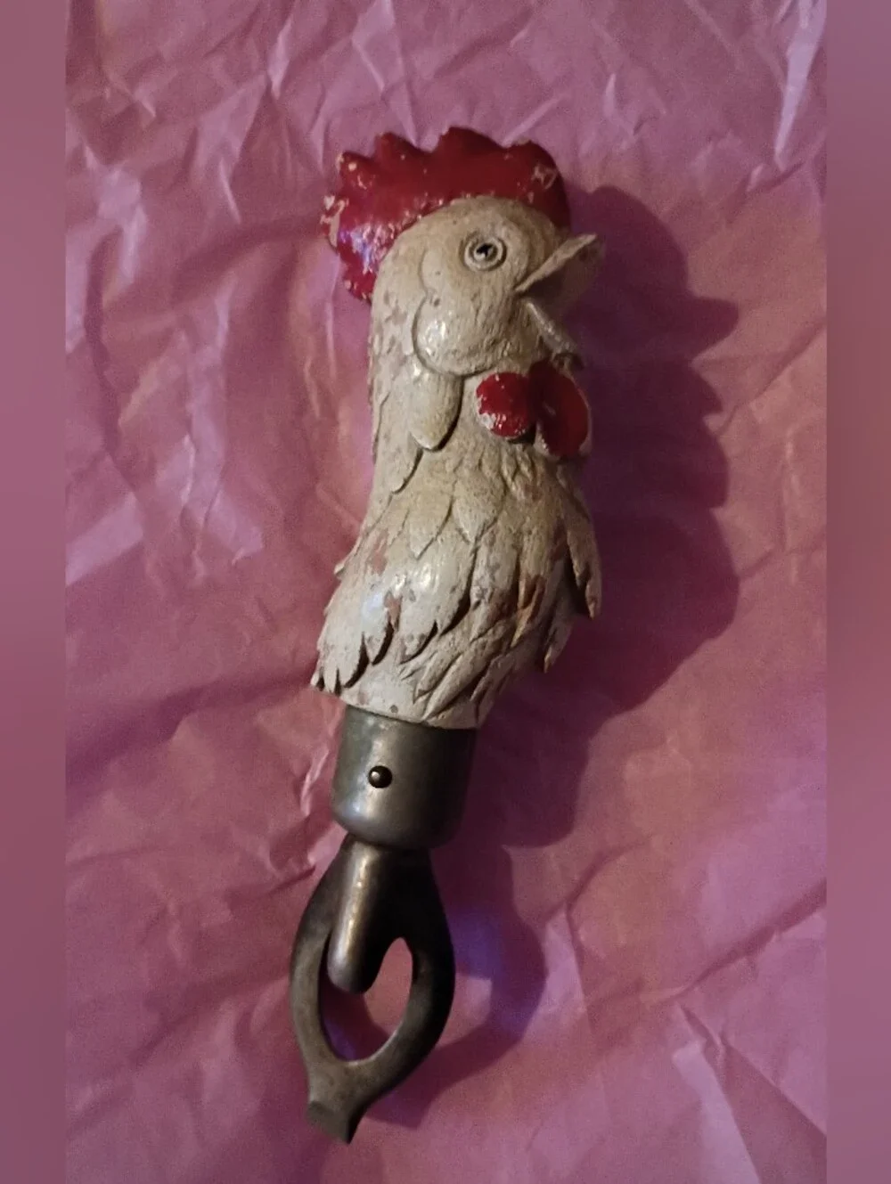 Vintage Rooster Bottle Opener Wooden Chicken Cream and Red